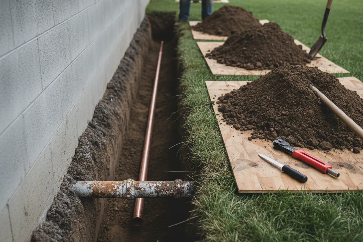 Excavated water line trench during Water Heater Repair in Deerfield
